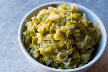 Fried Leek Slices in a bowl.