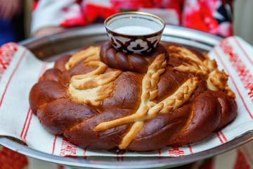 Delicious wedding loaf and salt are ready for guests