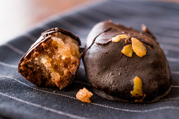 Chocolate Covered Chestnut Dessert with Pistachio. / Kestane Sekeri