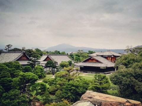 Paisaje de casas de arquitectura asiatica mezclada con vegetacion