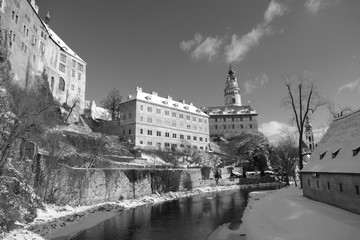 Cesky Krumlov Castle on a clear Winter's Day in Snow