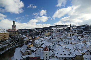 Cesky Krumlov Town Rooftops in Winter Snow Scene