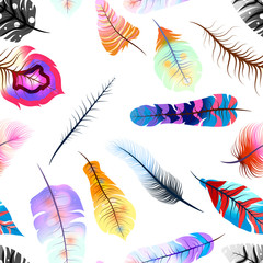 Different colorful magic feathers, seamless pattern on white