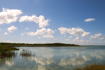 Panoramic view, scene in Lake Peten Itza in Guatemala, Central America, source of fresh water, oxygen and wildlife.