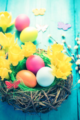 Fototapeta na wymiar Bird nest with Easter eggs