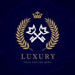 Luxury Hotel logo, crown and  with golden branches. Laurel elegant beautiful round identity with key, crown and wreath. Vector emblem for Antique, Restaurant, Boutique, Hotel, Heraldic, Jewelry