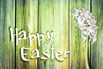 Tekst HAPPY EASTER na tle desek z kwiatem hiacyntem © motke