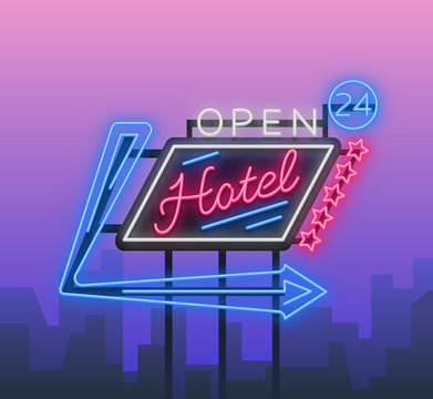 Hotel Is A Neon Sign. Vector Illustration. Retro Signboard, Billboard Indicating The Hotel, Nightlight Bright Neon Advertising Of The Hotel, Luminous Billboard, A Bright Banner For Your Projects