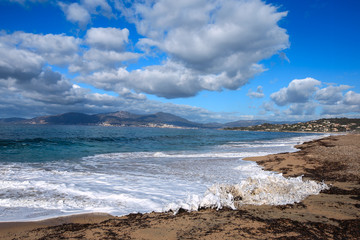Beautiful Corsica beach mountains sea, beach and blue sky