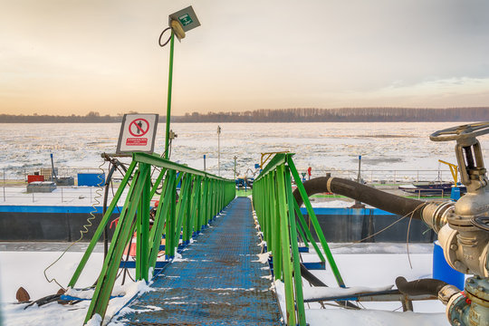Belgrade, Serbia January 12, 2017:A big river boat on the frozen Danube in Belgrade