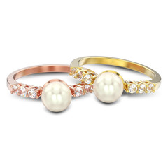 3D illustration isolated two yellow and rose gold diamond rings with pearl with reflection