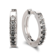 3D illustration isolated white gold or silver decorative earrings hinged lock with black and white gradient diamonds