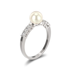 3D illustration isolated white gold or silver diamond ring with pearl with reflection