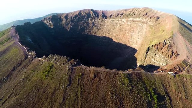 Aerial view, Full crater of the volcano Vesuvius, Italy, Naples, Epic volcano footage from height