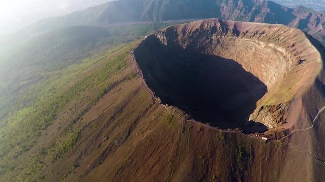 Aerial view, Full crater of the volcano Vesuvius, Italy, Naples, Epic volcano footage from height