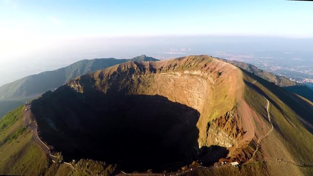 Aerial view, Full crater of the volcano Vesuvius, Italy, Naples, Epic volcano footage from height