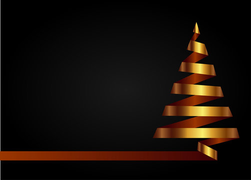 Gold christmas tree made from ribbon on dark background. Vector illustration. Marry Christmas and Happy New Year poster, flyer, gritting card or banner