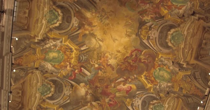 NAPLES, ITALY – JULY 2016 : Video shot of Cappella Sansevero chapel interior on a sunny day with ceiling and paintings in view