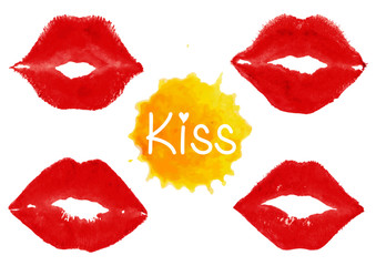 Print of lipstick kiss. Set of red female realistic lips isolated on a white background. Vector EPS8 with love. 