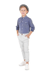 Cute fashionable boy on white background