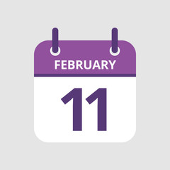 Flat icon calendar 11th of February isolated on gray background. Vector illustration.