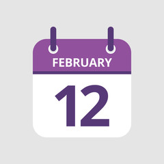 Flat icon calendar 12th of February isolated on gray background. Vector illustration.
