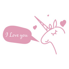 Romantic Valentines day love greeting card with cute unicorn. Vector illustration - love day. Card for February 14. The inscription 