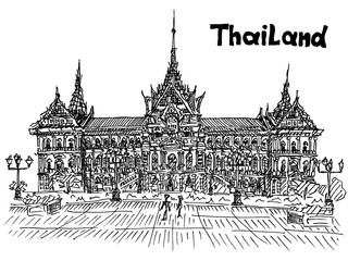 thailand royal palace sight seeing postcard in sketch style vect