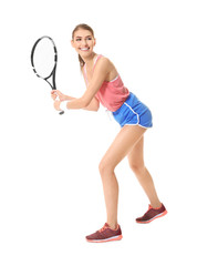 Obraz na płótnie Canvas Young woman with tennis racket on white background