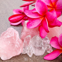 Pink Frangipani with Rose and Clear Quartz crystals