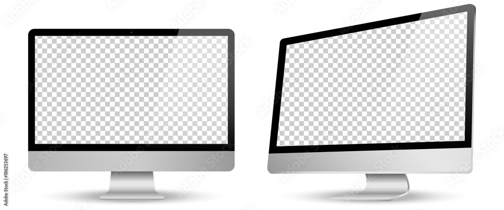 Aufkleber computer screen transparancy view left and front isolated white background. vector illustration.