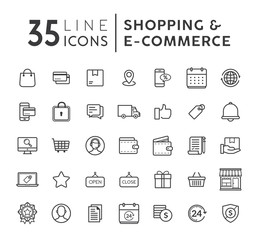 Vector set of E-commerce modern flat thin icons. Online shopping line icons set. E-commerce and shopping vector icons set. Outline web icons set. Vector illustration
