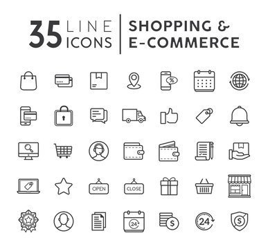 Vector set of E-commerce modern flat thin icons. Online shopping line icons set. E-commerce and shopping vector icons set. Outline web icons set. Vector illustration