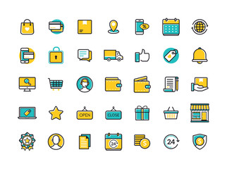 Minimal modern thin icons for online shopping. Trendy flat line icon for e-commerce and shopping. Colored flat line vector illustration