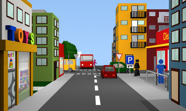 Straßenszene, mit Vorfahrt gewähren Kreuzung, Parkplatzschild, Bus, Autos und Häusern.