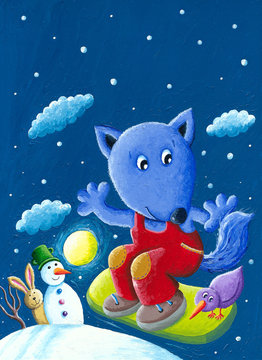 Cute blue fox snowboarder in the winter night