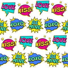 Seamless colorful pattern with comic speech bubbles patches on white background. Expressions LOVE, KISS, XOXO, BE MINE. Vector illustration for Valentine's day, pop art style