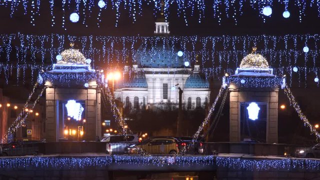 4k, view on Trinity cathedral and Lomonosov bridge in Fontanka river, Saint-Petersburg, Russia