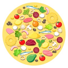 Pizza cooking ingredients. Vector pizza food elements round emblem with vegetables and tomato, pineapple and onion, ham portions on white background