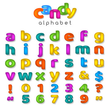 Candy color alphabet. Kids font with fun cartoon letters and bubble sweet numbers isolated on white background, vector illustration