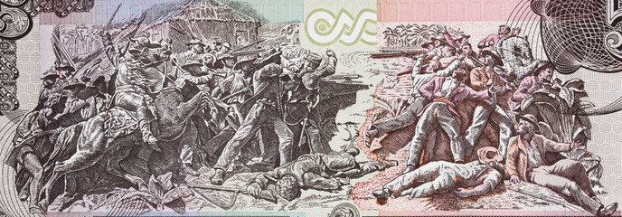 Battle of La Trinidad on Honduras currency 5 Lempiras (2010) banknote close up, Honduran money closeup..