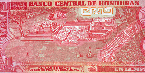 Copan on Honduras currency 1 lempira (2010) banknote close up, Honduran money closeup.