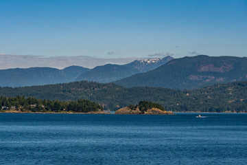 landscape with blue ocean and snow covered mountain on the far side behind green forest