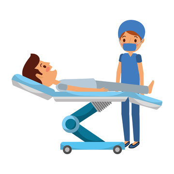 dental stretcher with patient and professional medical vector illustration