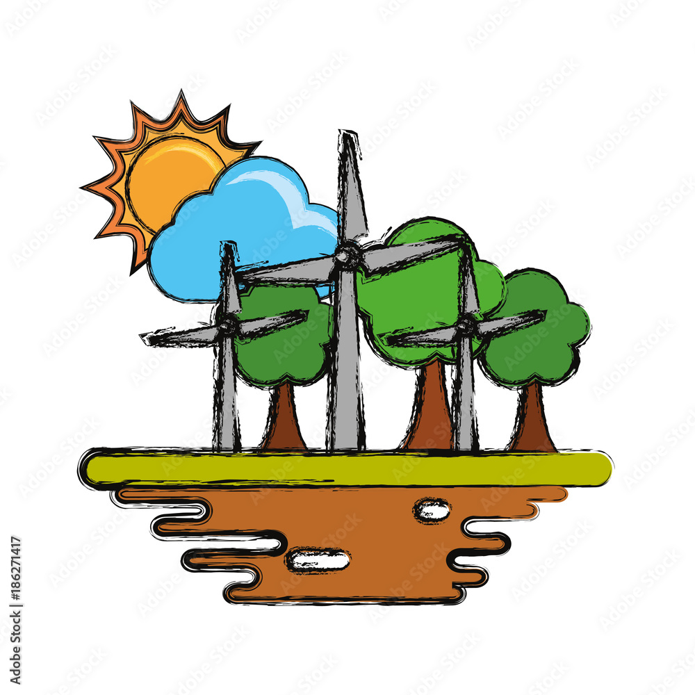 Poster Wind turbines on ground cartoon