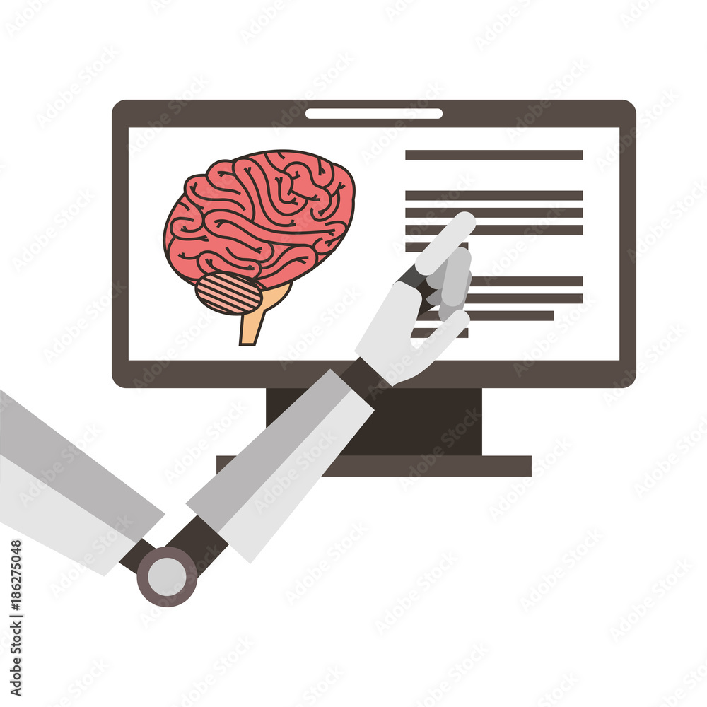 Poster monitor computer with brain and robot hand vector illustration design