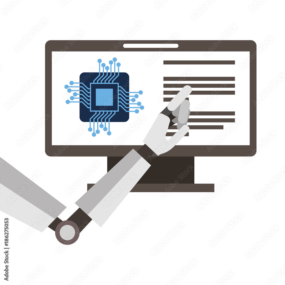 Poster monitor computer with processor and robot hand vector illustration design