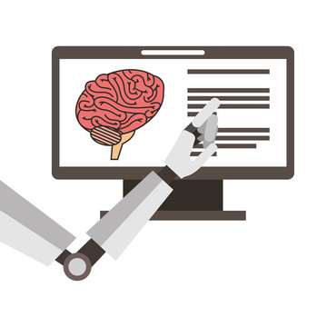 monitor computer with brain and robot hand vector illustration design