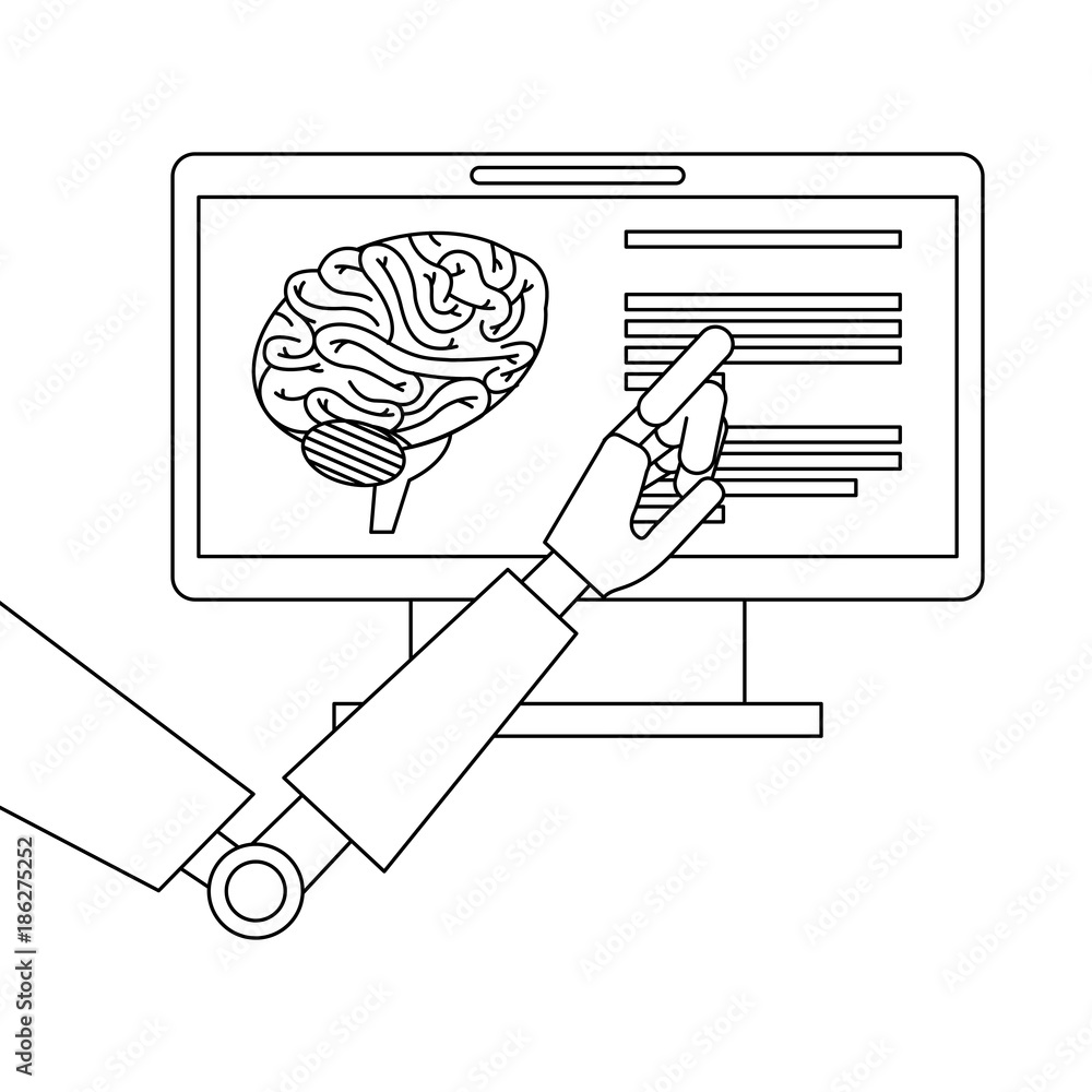 Poster monitor computer with brain and robot hand vector illustration design