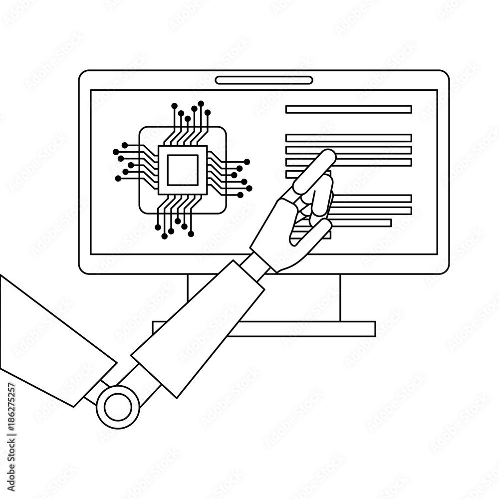 Poster monitor computer with processor and robot hand vector illustration design